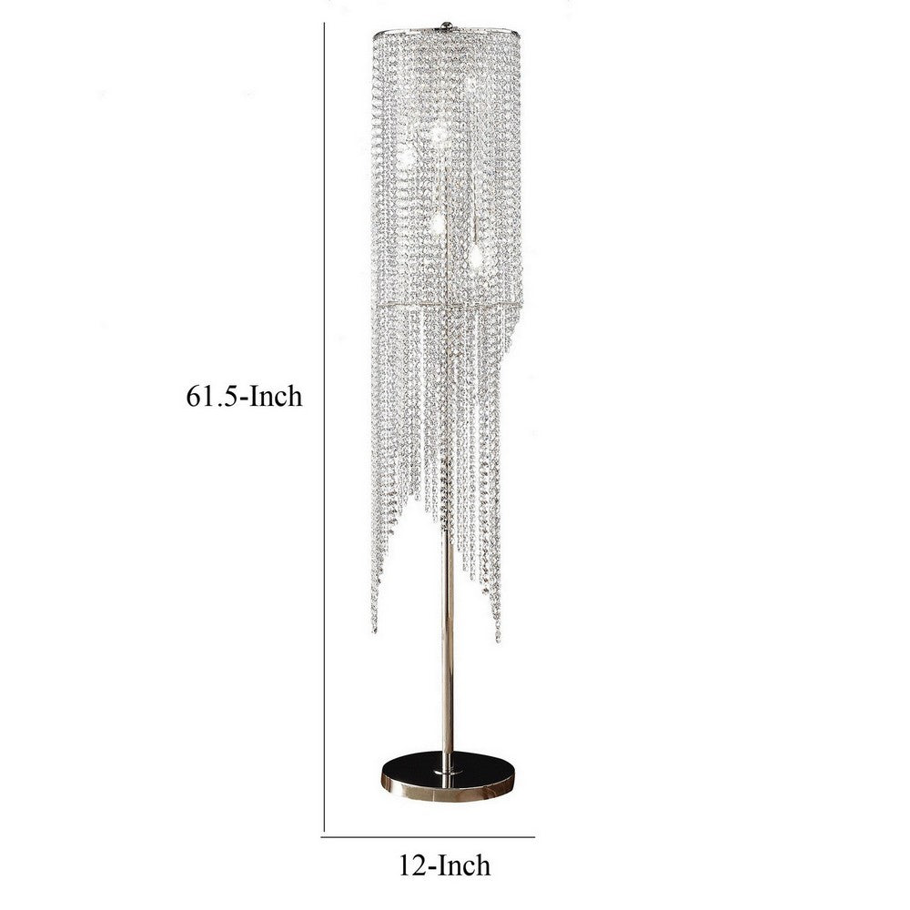 Mindy 62 Inch Floor Lamp, Crystal Raindrops Design, Metal, Clear Finish