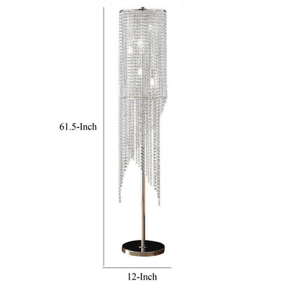 Mindy 62 Inch Floor Lamp, Crystal Raindrops Design, Metal, Clear Finish
