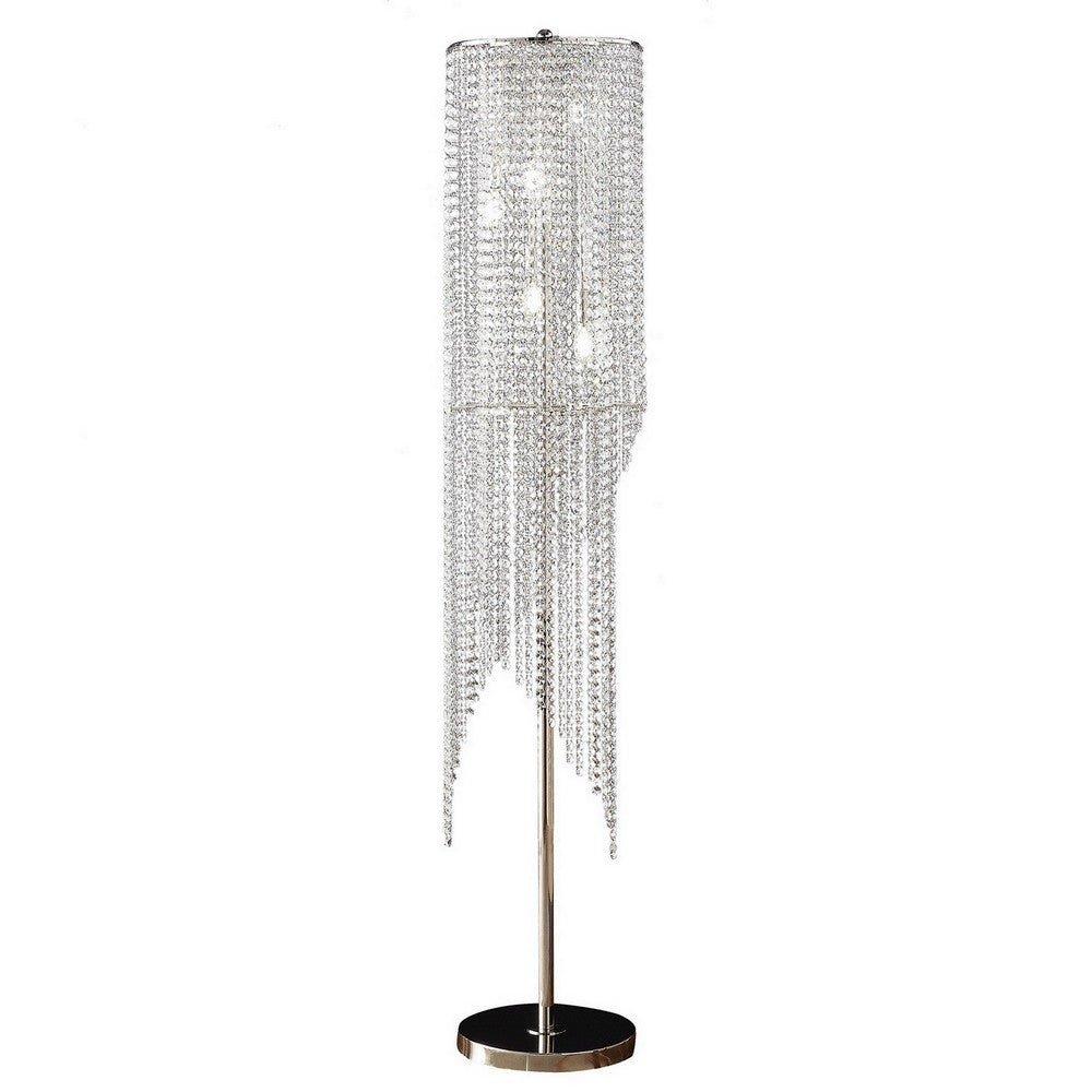 Mindy 62 Inch Floor Lamp, Crystal Raindrops Design, Metal, Clear Finish