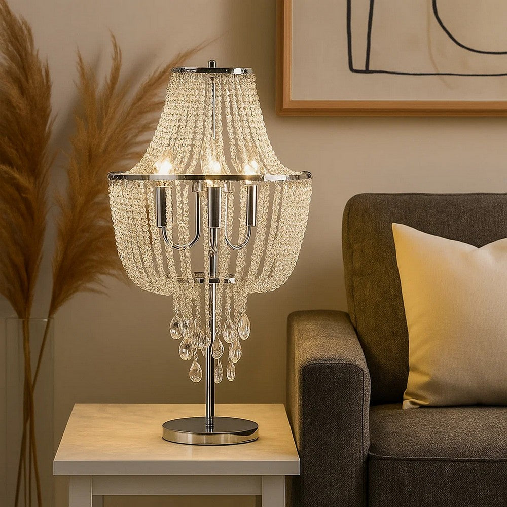 Cara 27 Inch Table Lamp, Hanging Drop Design, Crystal and Metal, Chrome