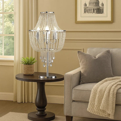 Cara 27 Inch Table Lamp, Hanging Drop Design, Crystal and Metal, Chrome