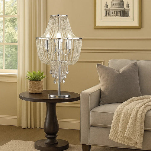 Fero Chandelier, Blue White Handcarved Mango Wood Beads, 27 Inch