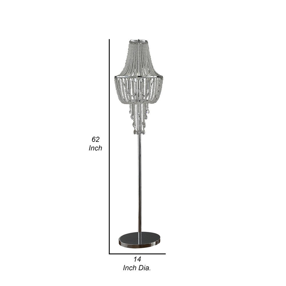 Cara 62 Inch Floor Lamp, Hanging Drop Design, Crystal and Metal, Chrome