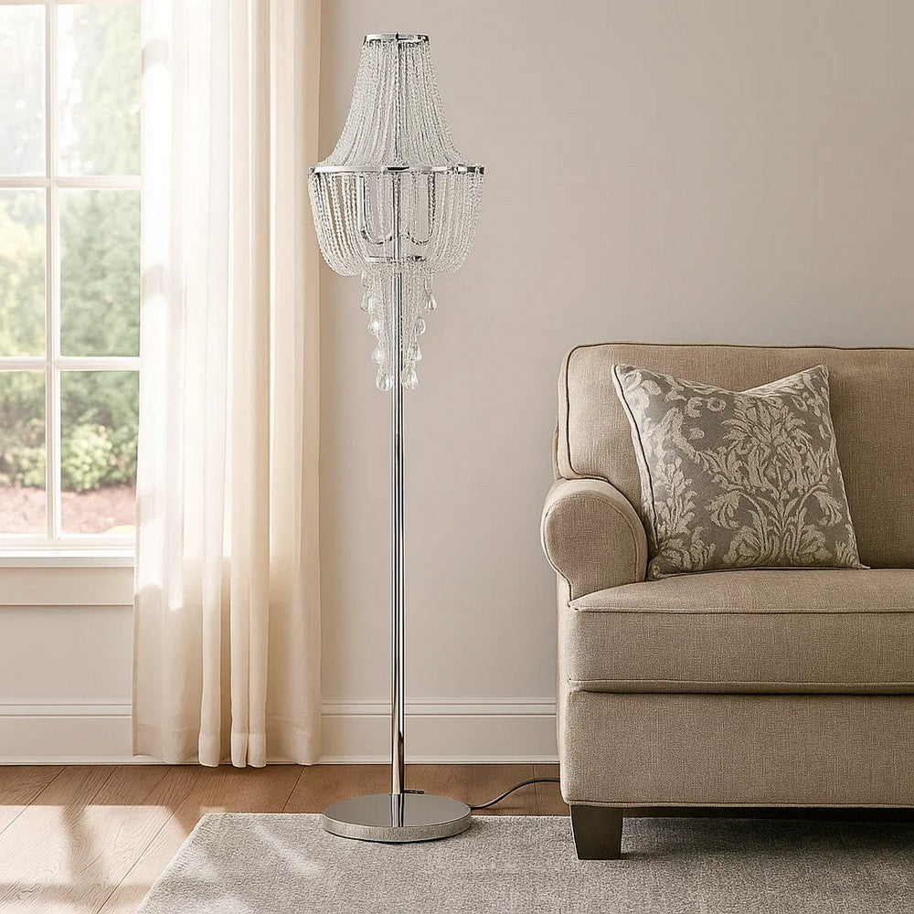 Cara 62 Inch Floor Lamp, Hanging Drop Design, Crystal and Metal, Chrome