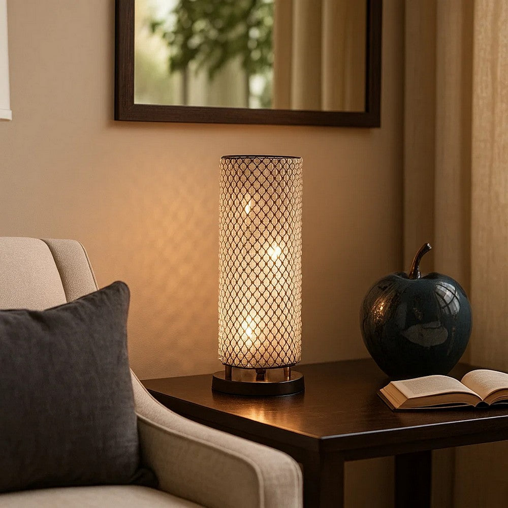16 Inch Table Lamp, Crystal Cylinder Shade, Metal Mesh, Antique Bronze