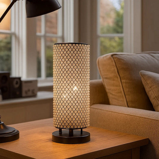 16 Inch Table Lamp, Crystal Cylinder Shade, Metal Mesh, Antique Bronze