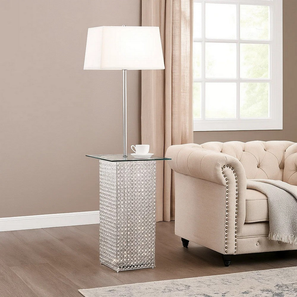 59 Inch Floor Lamp with Glass Tabletop, Crystal Stand, Metal, Clear