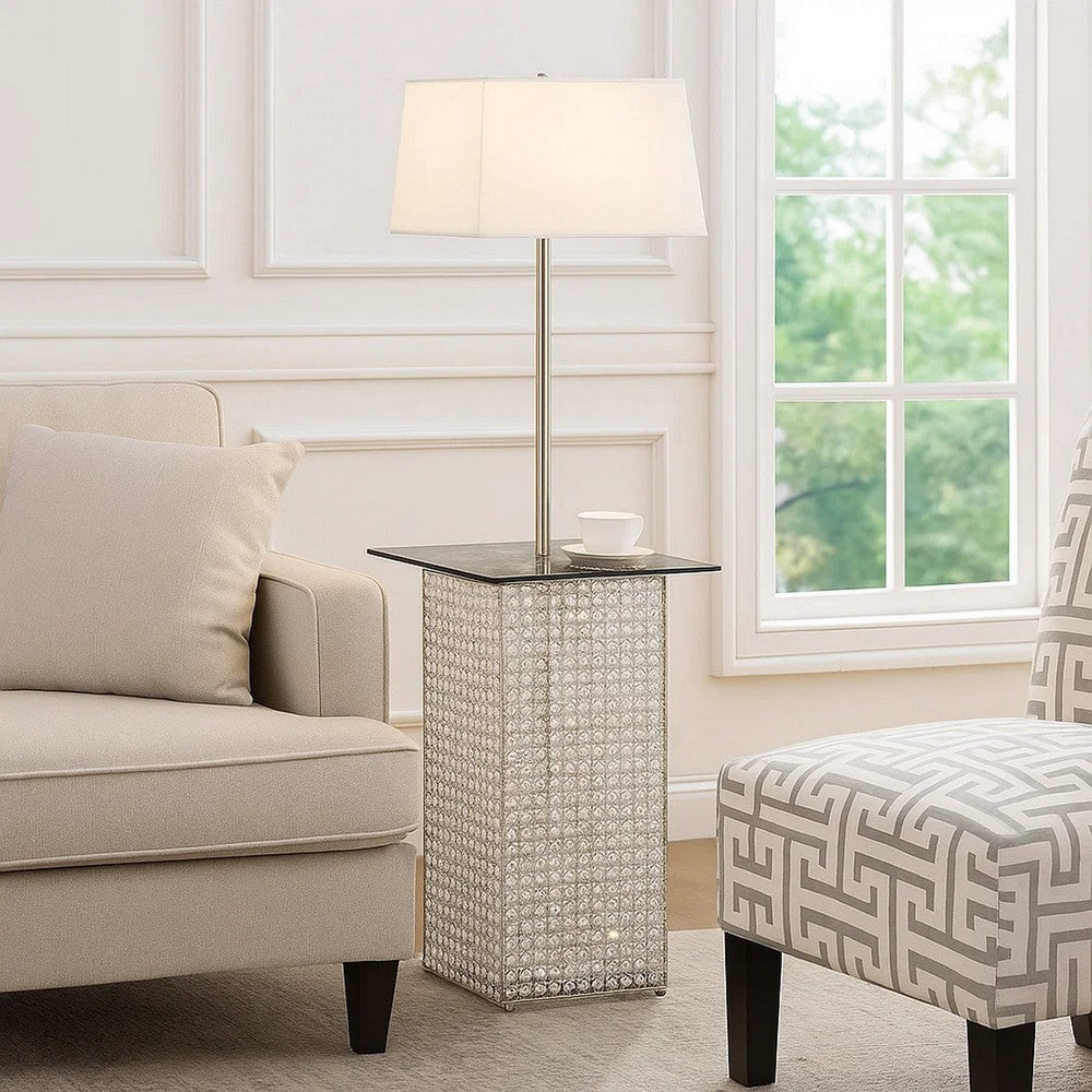 59 Inch Floor Lamp with Glass Tabletop, Crystal Stand, Metal, Clear