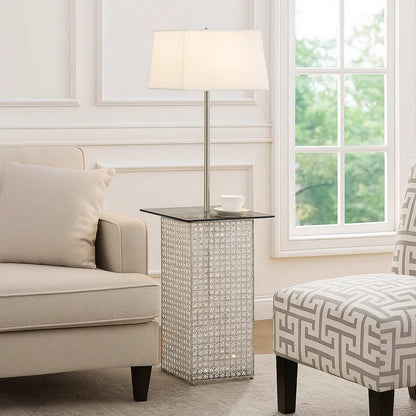 59 Inch Floor Lamp with Glass Tabletop, Crystal Stand, Metal, Clear