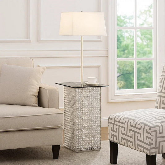 59 Inch Floor Lamp with Glass Tabletop, Crystal Stand, Metal, Clear