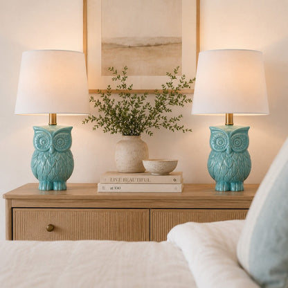 18 Inch Table Lamp with Owl Stand, Set of 2, Ceramic, Aqua Haze Finish