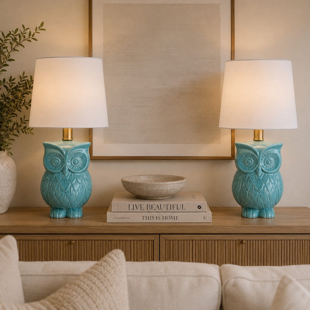 18 Inch Table Lamp with Owl Stand, Set of 2, Ceramic, Aqua Haze Finish