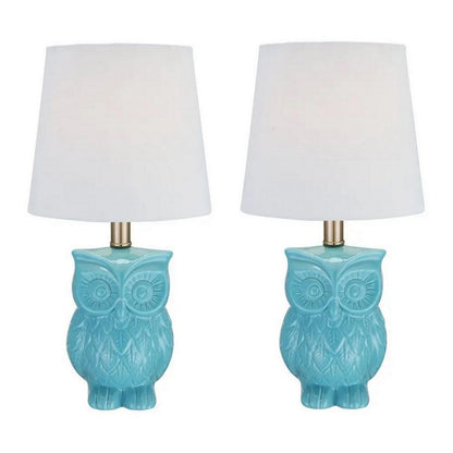 18 Inch Table Lamp with Owl Stand, Set of 2, Ceramic, Aqua Haze Finish