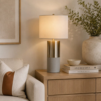 29 Inch Table Lamp, Set of 2, Metal, Concrete, Gray and Chrome Finish