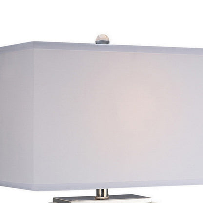 29 Inch Table Lamp, White Marble Stand, Rectangular Shade, Metal Base