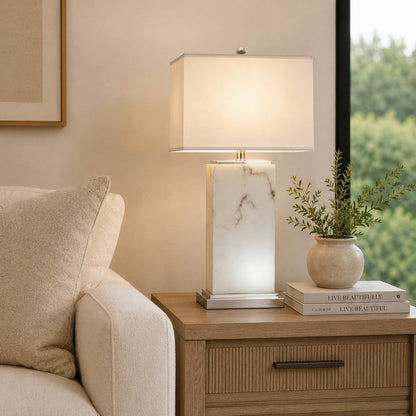 29 Inch Table Lamp, White Marble Stand, Rectangular Shade, Metal Base