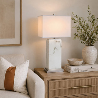 29 Inch Table Lamp, White Marble Stand, Rectangular Shade, Metal Base