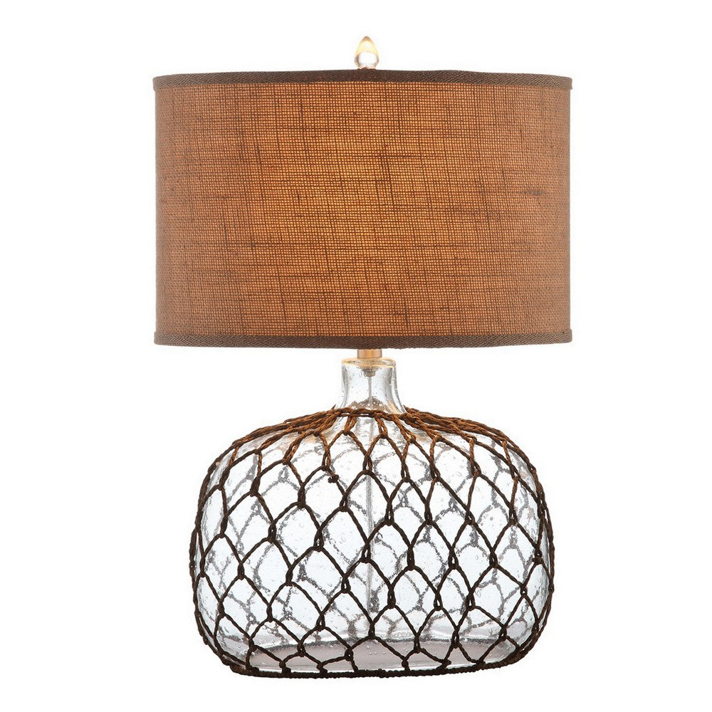 24 Inch Table Lamp with Netted Twine Base, Set of 2, Glass, Brown and Clear