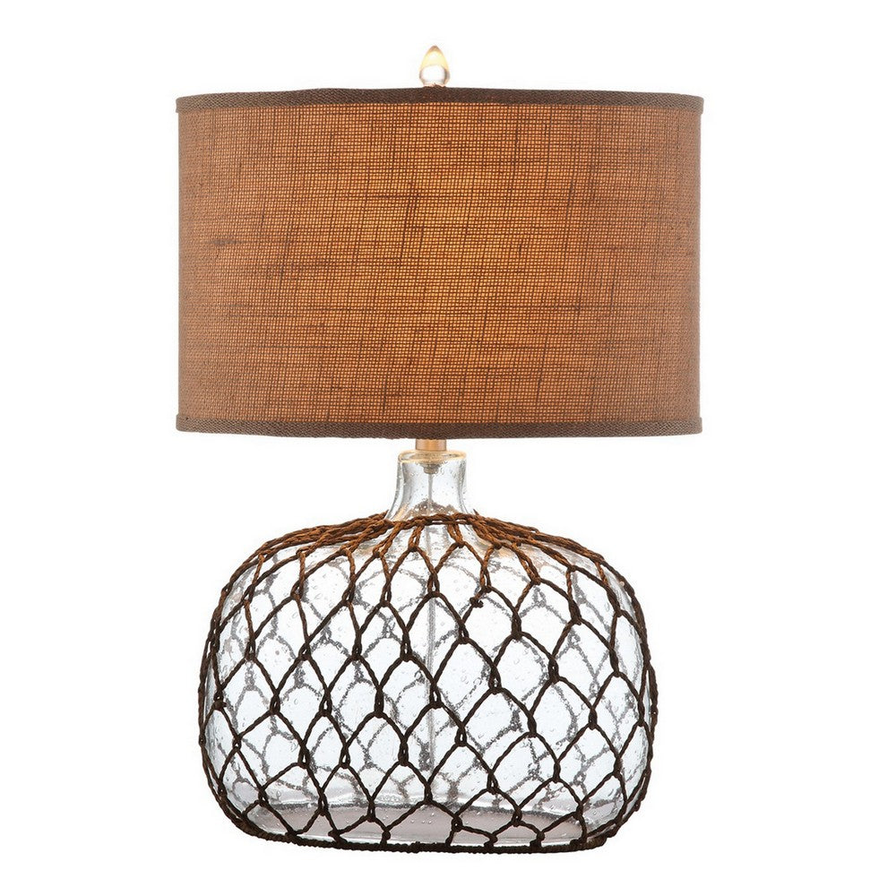 24 Inch Table Lamp with Netted Twine Base, Set of 2, Glass, Brown and Clear
