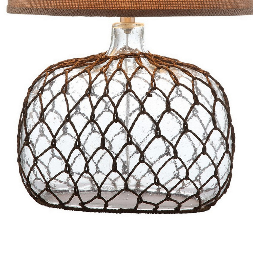 24 Inch Table Lamp with Netted Twine Base, Set of 2, Glass, Brown and Clear
