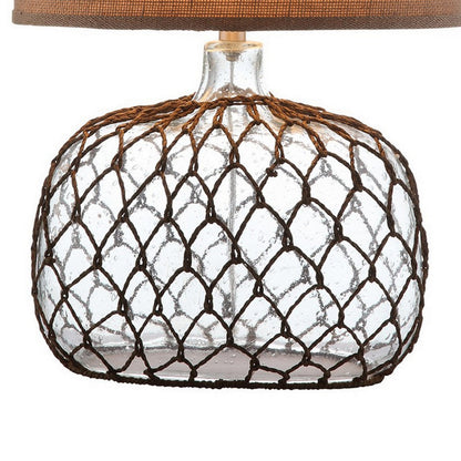 24 Inch Table Lamp with Netted Twine Base, Set of 2, Glass, Brown and Clear