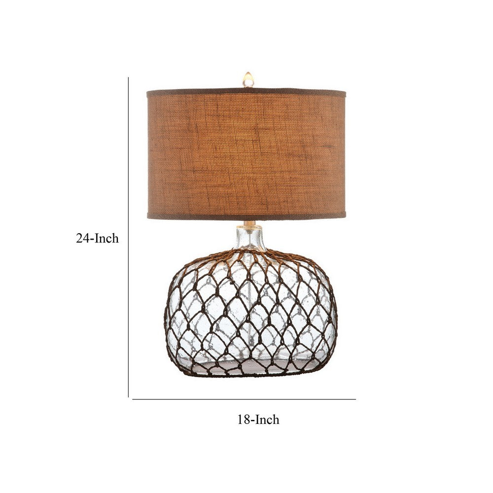 24 Inch Table Lamp with Netted Twine Base, Set of 2, Glass, Brown and Clear