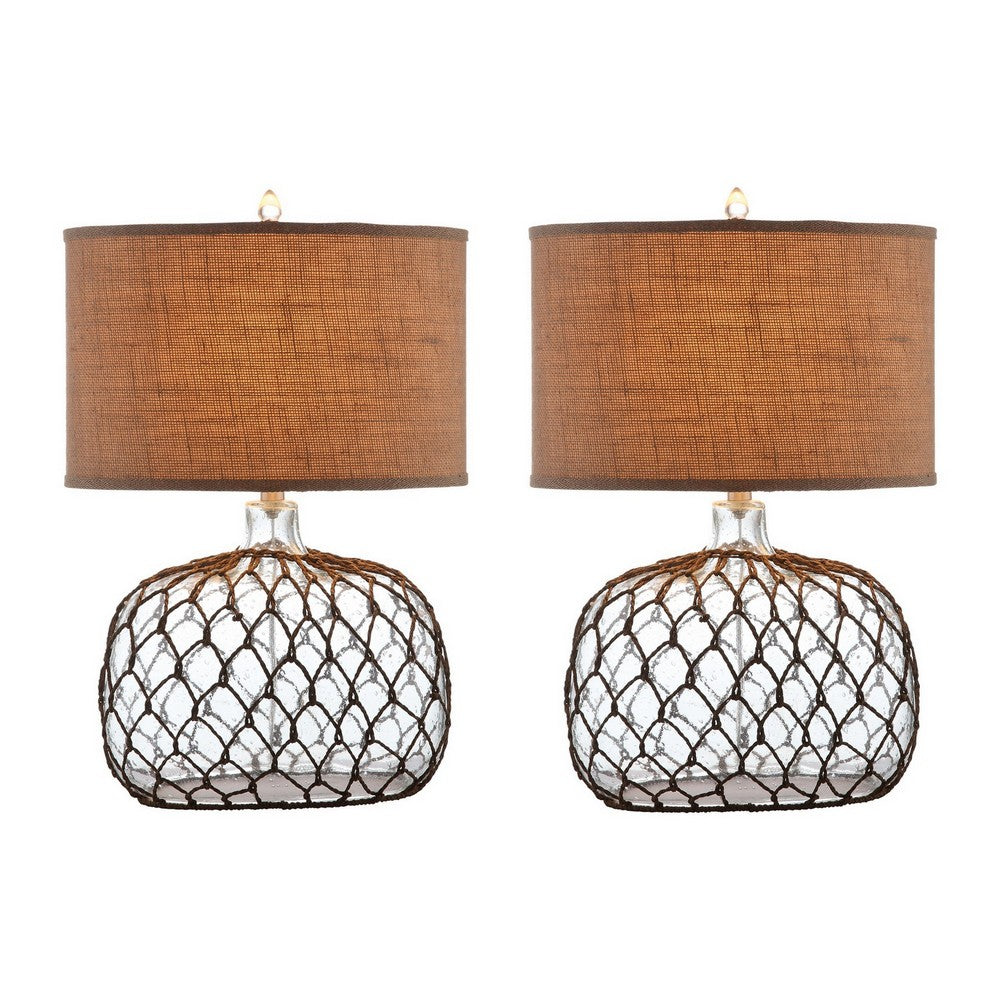24 Inch Table Lamp with Netted Twine Base, Set of 2, Glass, Brown and Clear
