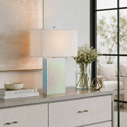 26 Inch Table Lamp, Rectangular Stand, Set of 2, Glass, Multitone White