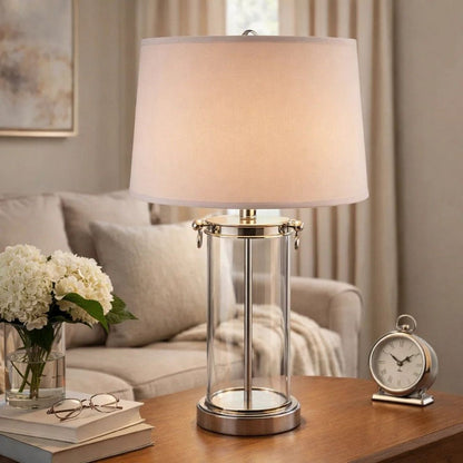 Axie 28 Inch Table Lamp, Glass Stand, Empire Shade, Metal, Nickel Finish