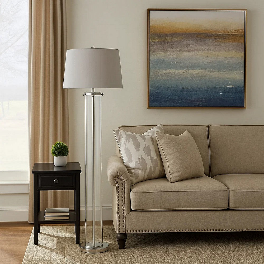 Axie 60 Inch Floor Lamp, Clear Glass Stand, Empire Shade, Metal, Nickel