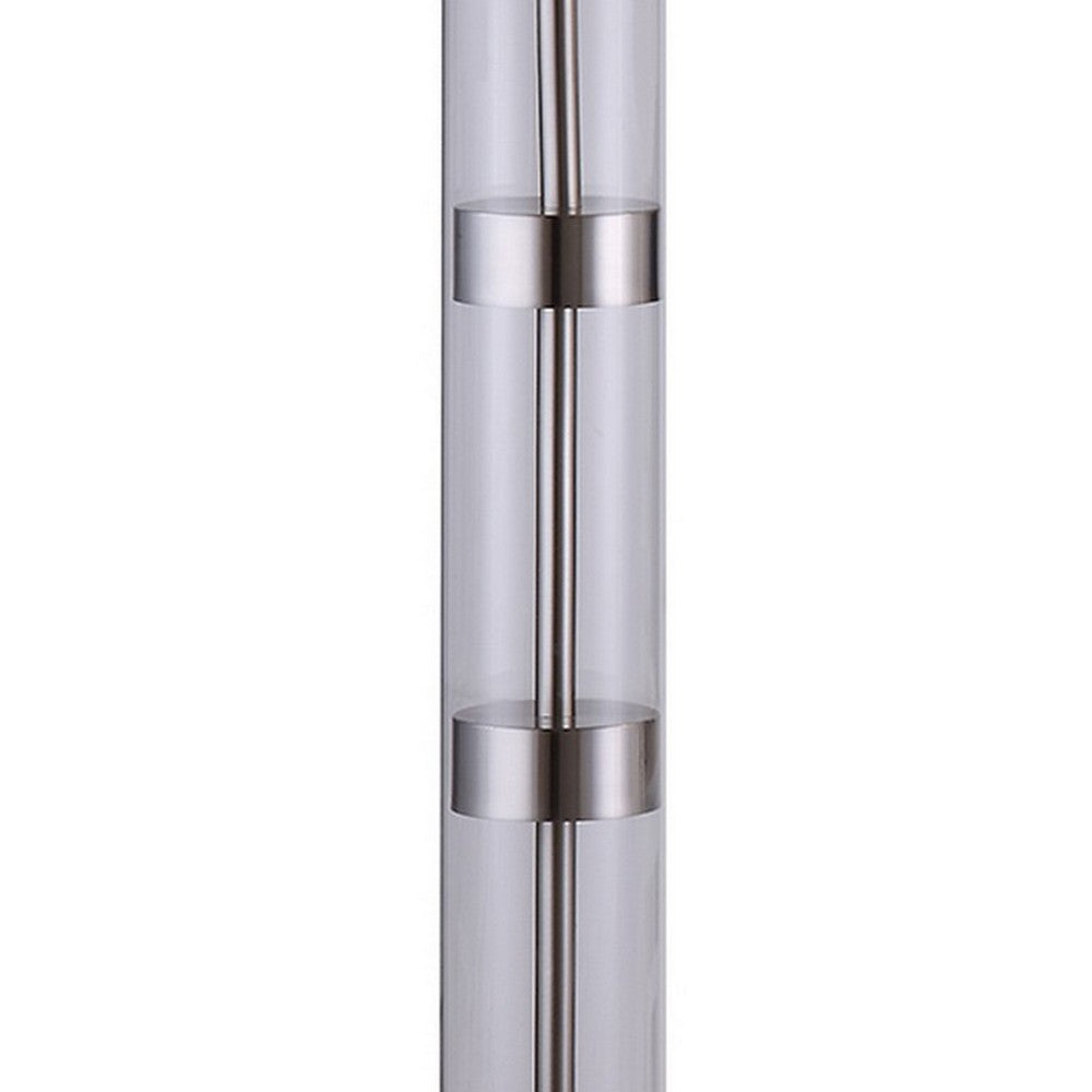 Kria 60 Inch Floor Lamp, Clear Glass Stand, Metal Bands, Satin Nickel