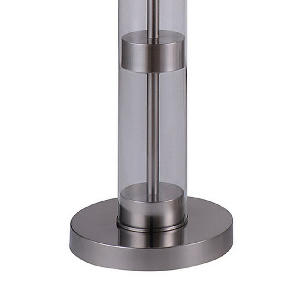 Kria 60 Inch Floor Lamp, Clear Glass Stand, Metal Bands, Satin Nickel