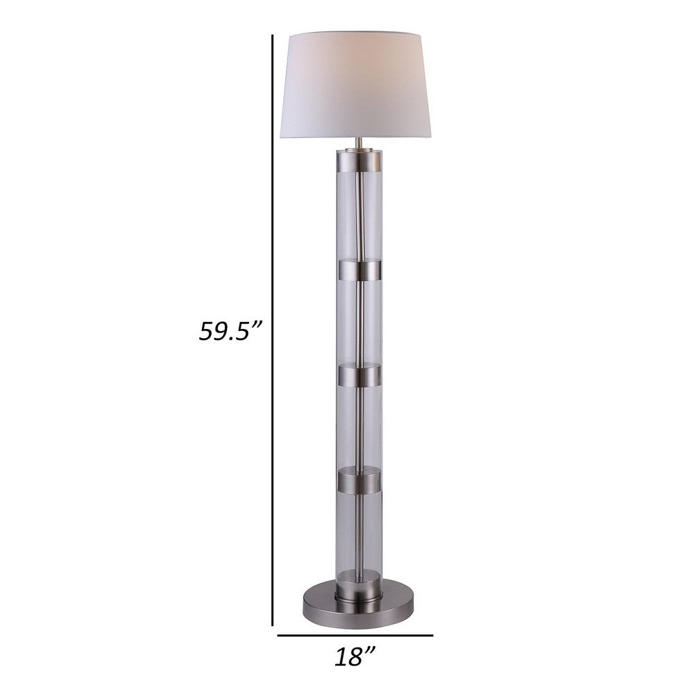 Kria 60 Inch Floor Lamp, Clear Glass Stand, Metal Bands, Satin Nickel