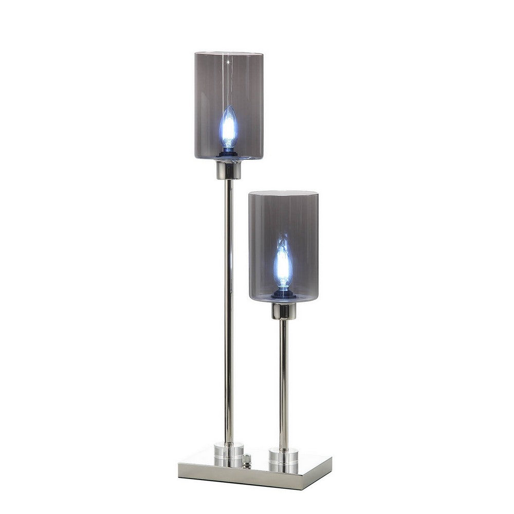 29 Inch Table Lamp with Dual Gray Shade, Glass and Metal, Nickel Finish