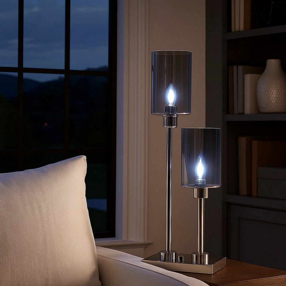 29 Inch Table Lamp with Dual Gray Shade, Glass and Metal, Nickel Finish