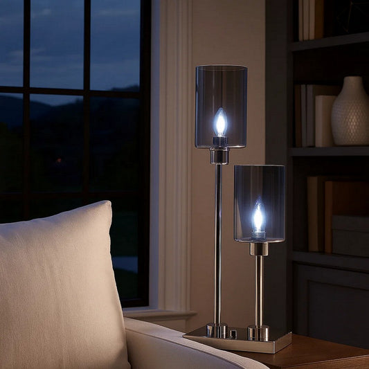 29 Inch Table Lamp with Dual Gray Shade, Glass and Metal, Nickel Finish