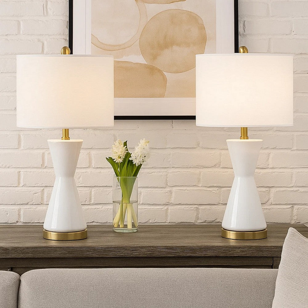 Elma 24 Inch Table Lamp Set of 2, Hourglass Stand, Gold Trim, Glass, White