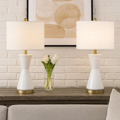 Elma 24 Inch Table Lamp Set of 2, Hourglass Stand, Gold Trim, Glass, White