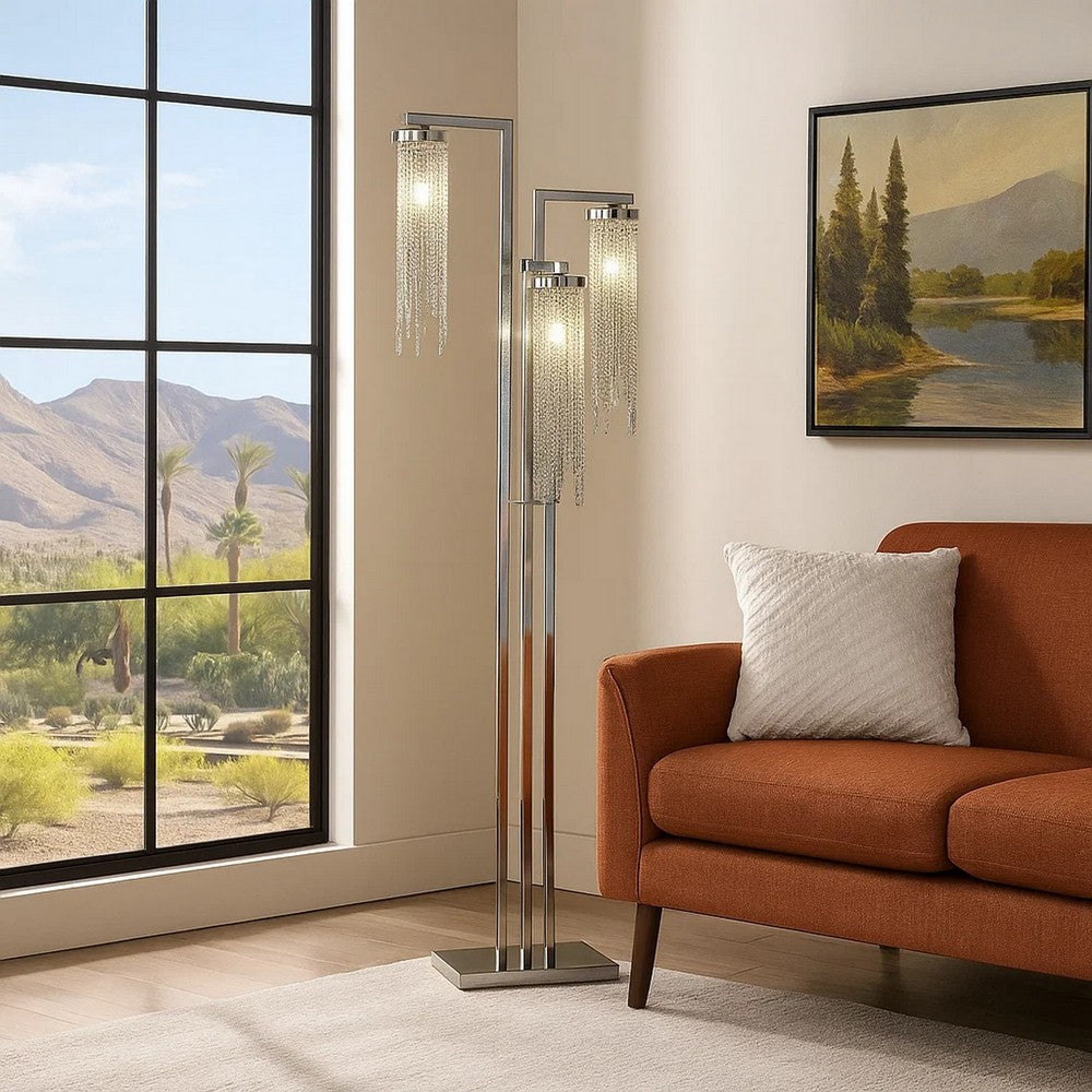 61 Inch Floor Lamp, 3 Crystal Cascade Style Shade, Chrome Finished Metal