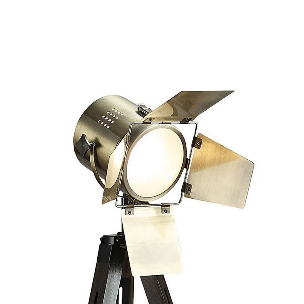 55 Inch Floor Lamp with Tripod Legs, Spotlight Design, Wood, Black Finish