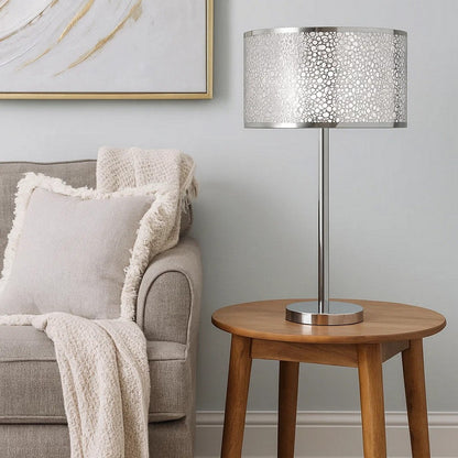 27 Inch Table Lamp with Metal and Fabric Shade, 
Sleek Chrome Finish