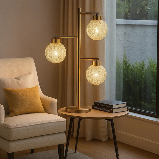 Fern 31 Inch Table Lamp with 3 Orb Shades, Metal, Sand Chrome Finish