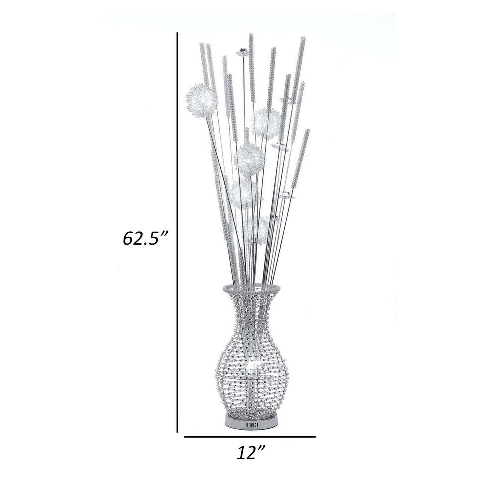 63 Inch Floor Lamp, Flower Vase Design, Wire Base, Metal, Chrome Finish