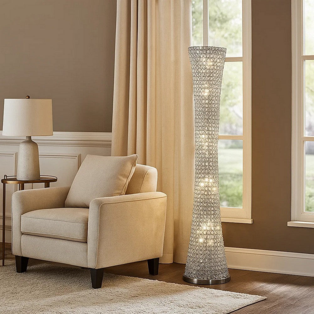 Wren 57 Inch Floor Lamp, Crystal Base with Subtle Curve, Metal, Silver