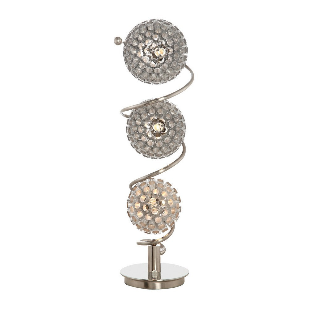 32 Inch Table Lamp, Round Shades, Curved Stem, Sand Chrome Finished Metal
