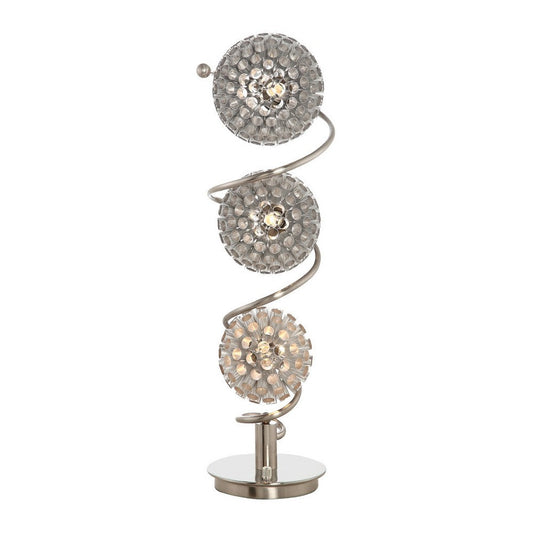 32 Inch Table Lamp, Round Shades, Curved Stem, Sand Chrome Finished Metal