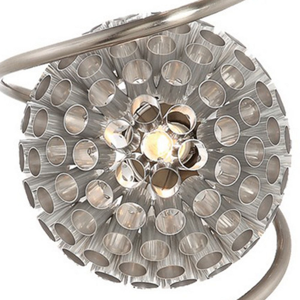 32 Inch Table Lamp, Round Shades, Curved Stem, Sand Chrome Finished Metal