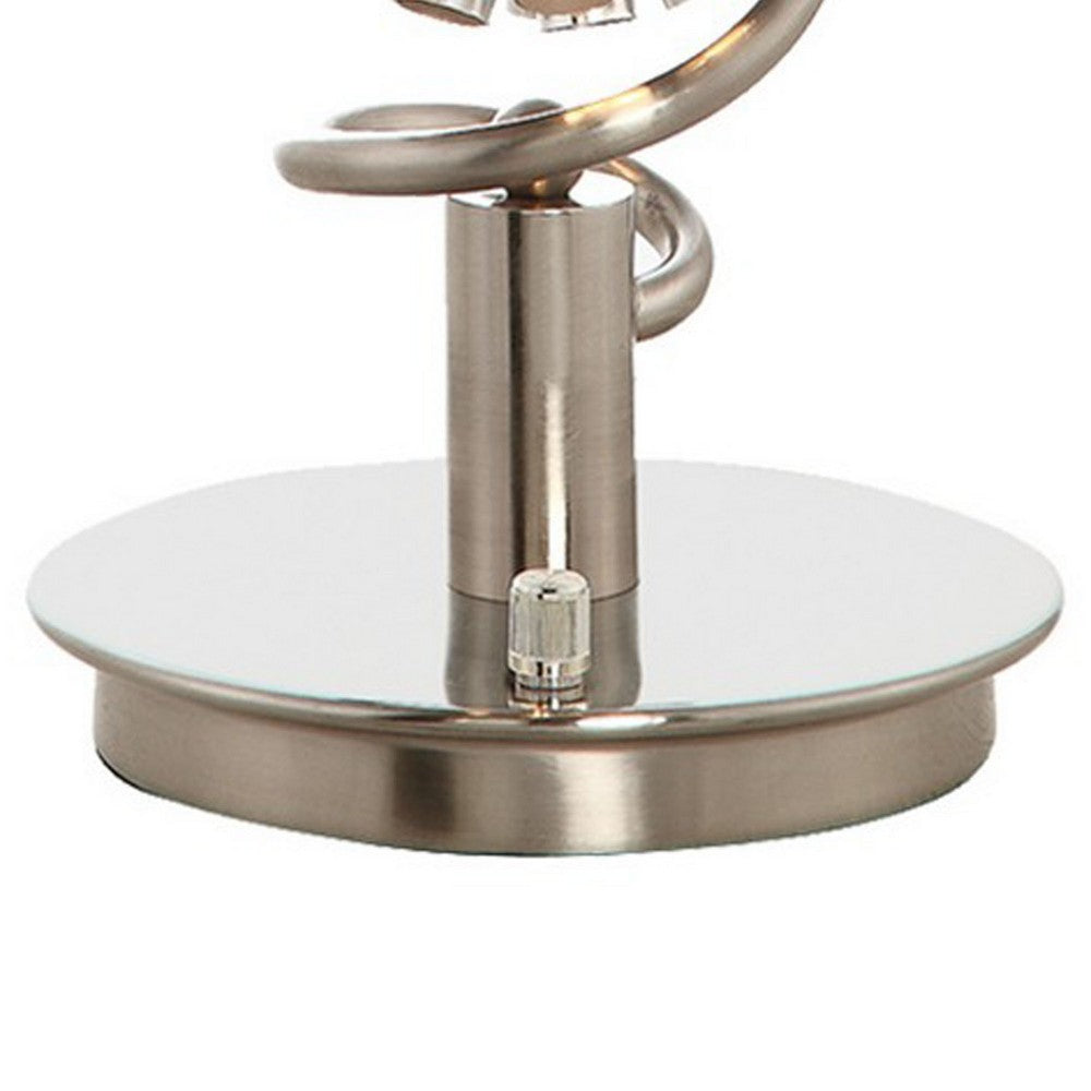 32 Inch Table Lamp, Round Shades, Curved Stem, Sand Chrome Finished Metal