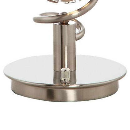 32 Inch Table Lamp, Round Shades, Curved Stem, Sand Chrome Finished Metal