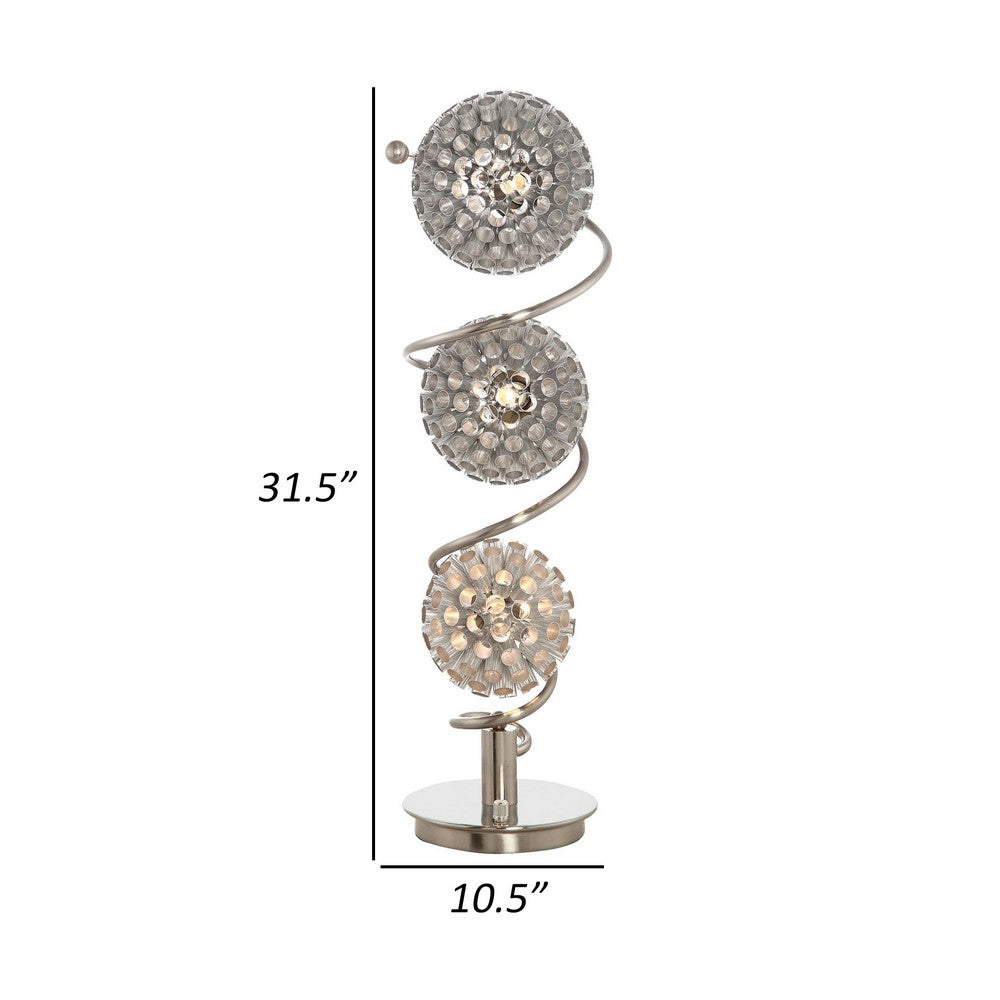 32 Inch Table Lamp, Round Shades, Curved Stem, Sand Chrome Finished Metal